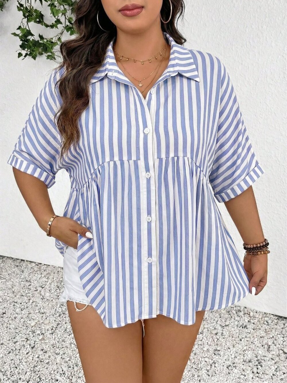 Blue Casual womens Striped Print Button Down Short Sleeve Top - Picture 5 of 7